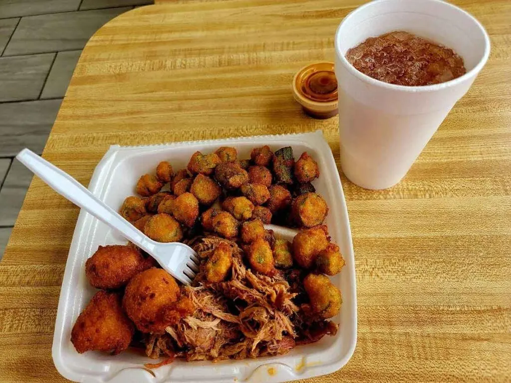 BBQ plate with fried okra and hush puppies.
