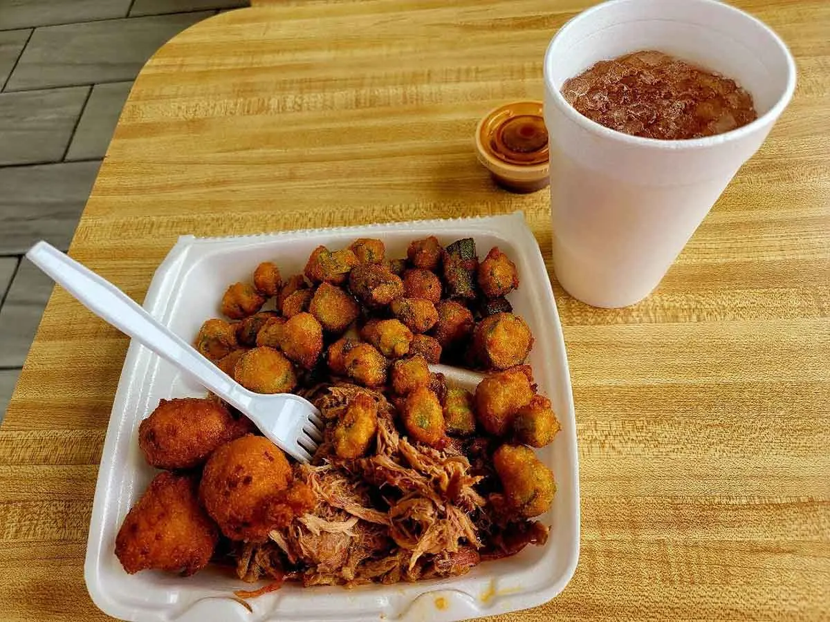 BBQ plate with fried okra and hush puppies.