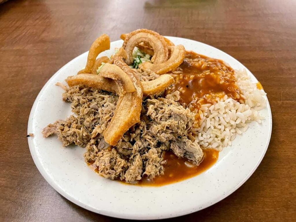 BBQ, red gravy over rice and fatback.