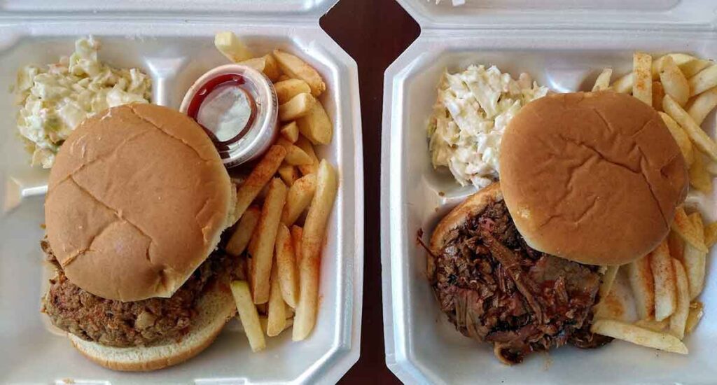 Two BBQ sandwich trays with sides, side by side.