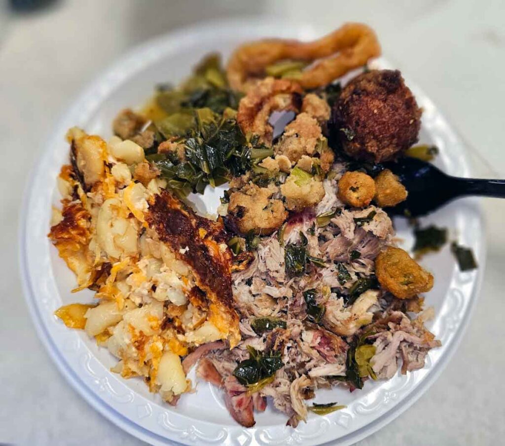 Plate of chopped BBQ and sides from Dukes.