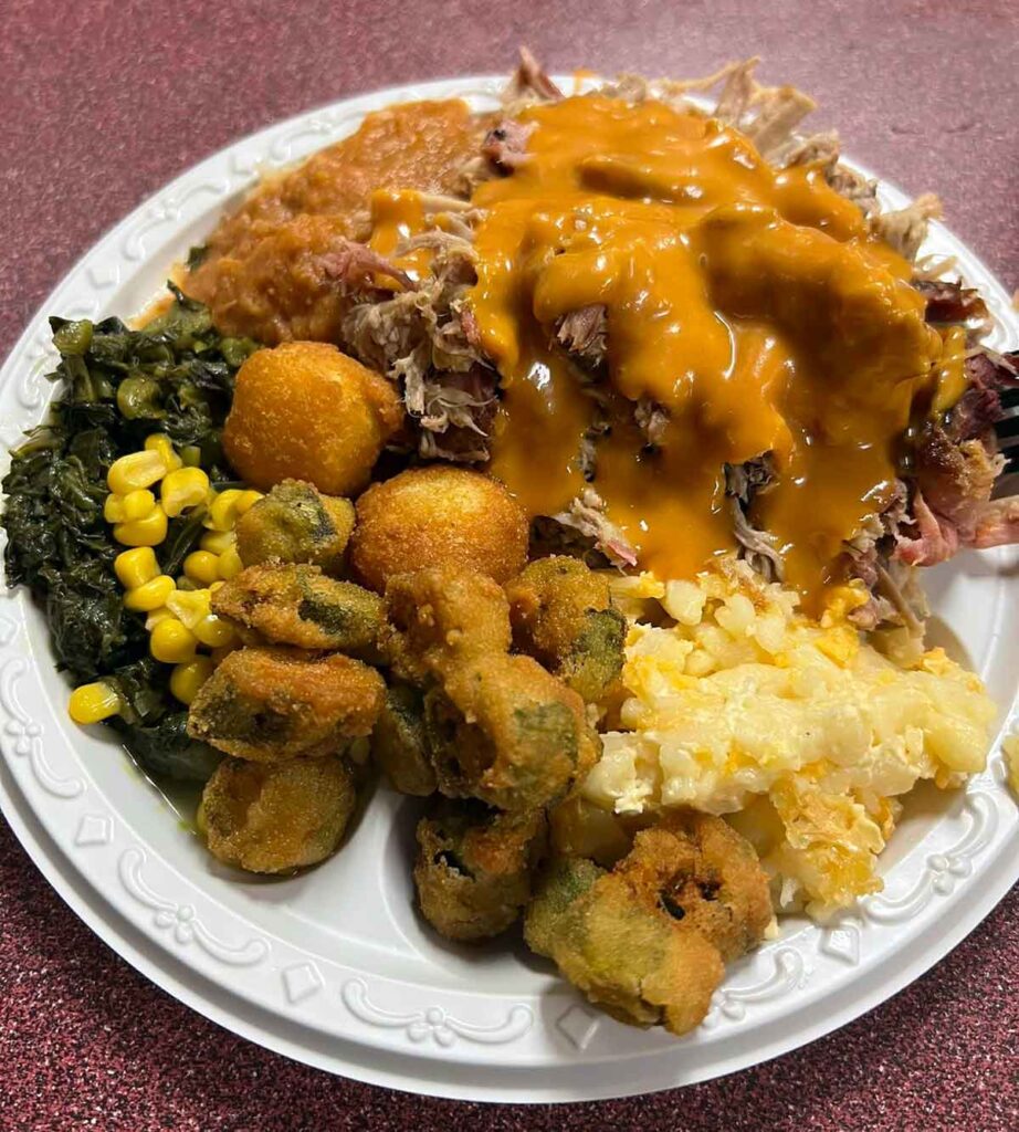 Plate of BBQ and sides.