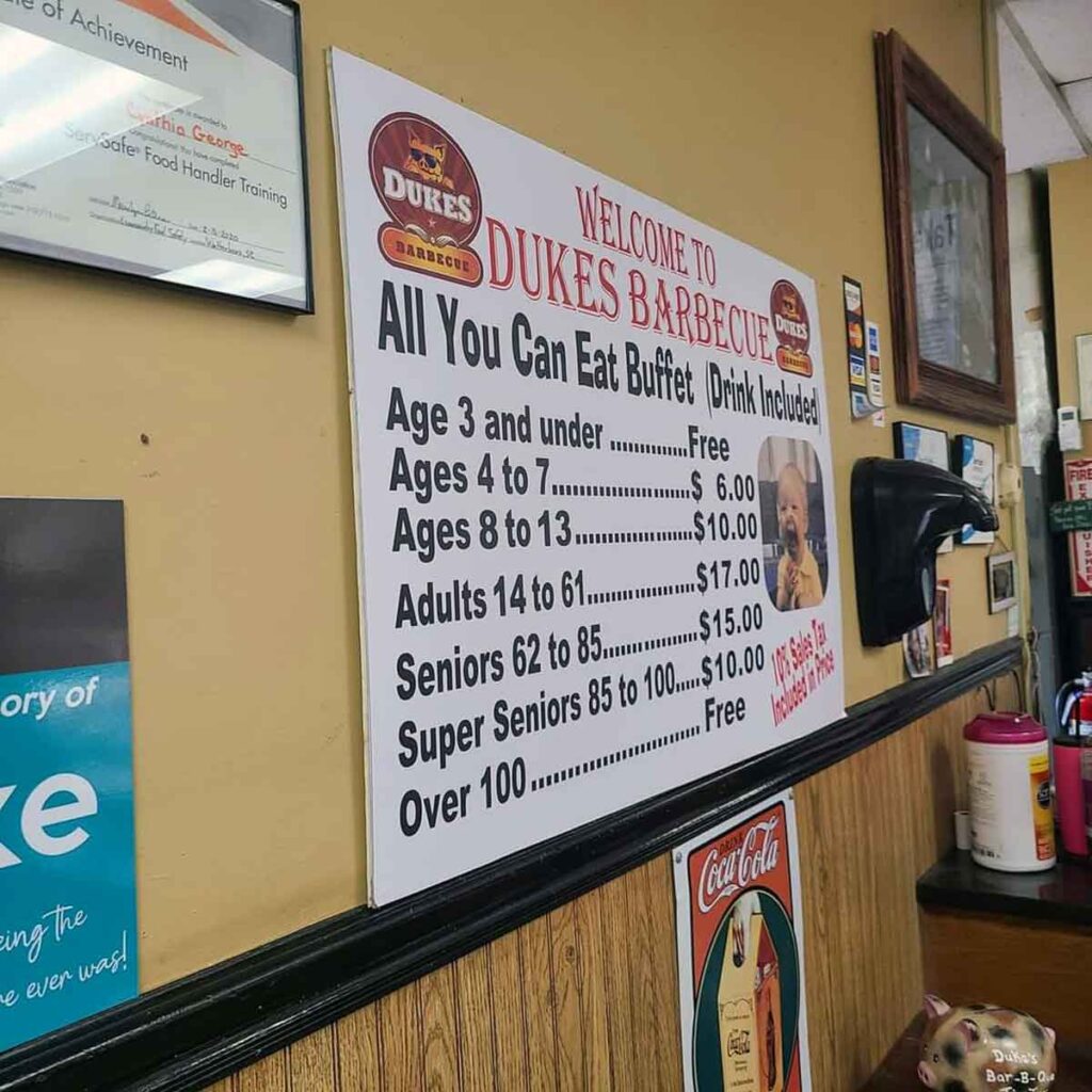 Menu for Dukes BBQ in Walterboro.