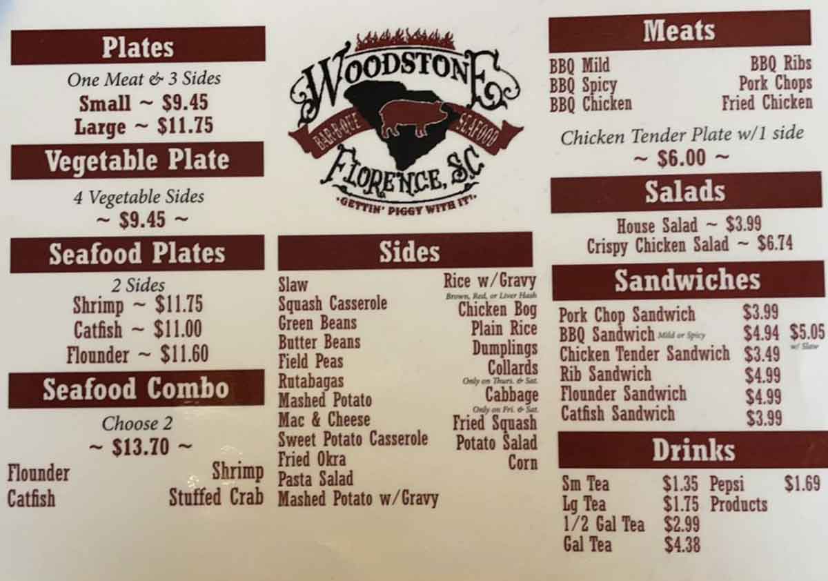 Menu for Woodstone BBQ in Florence.