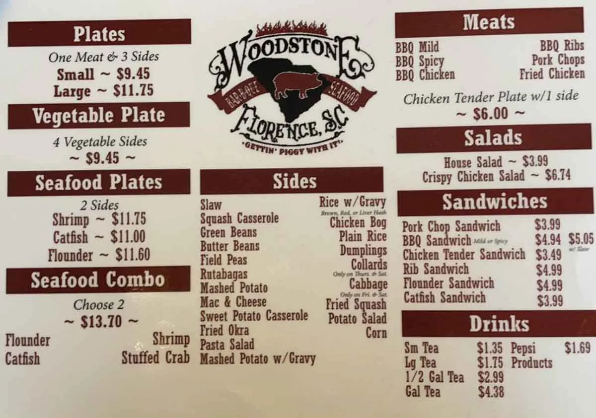 Menu for Woodstone BBQ in Florence.