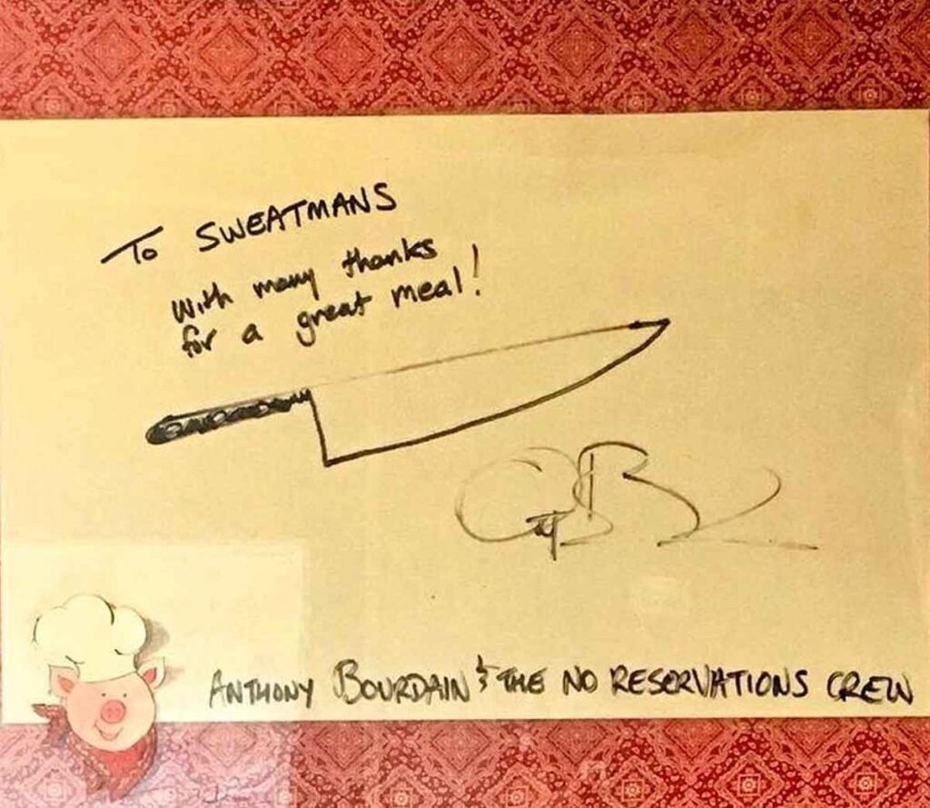 Note drawn and signed to Sweatman's BBQ from Anthony Bourdain, No Reservations.