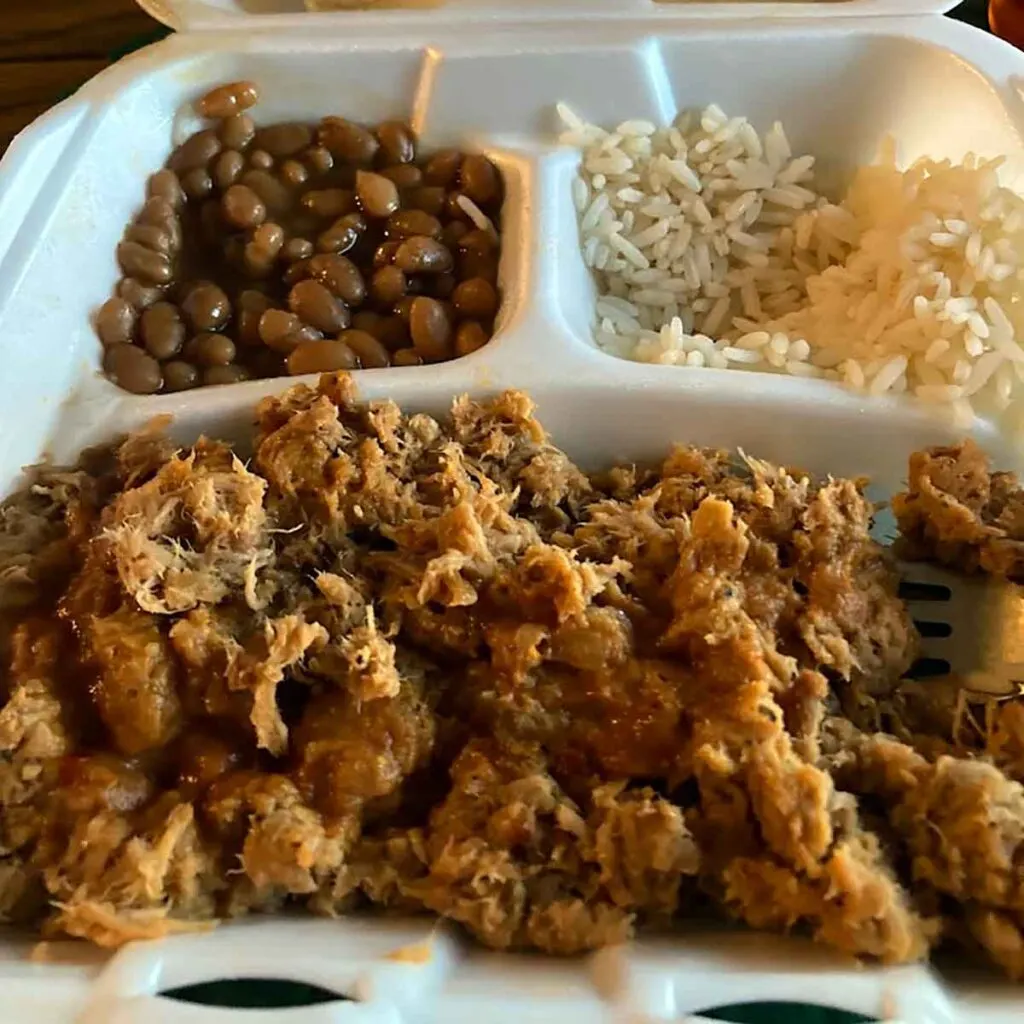 Chopped BBQ plate with baked beans and rice.