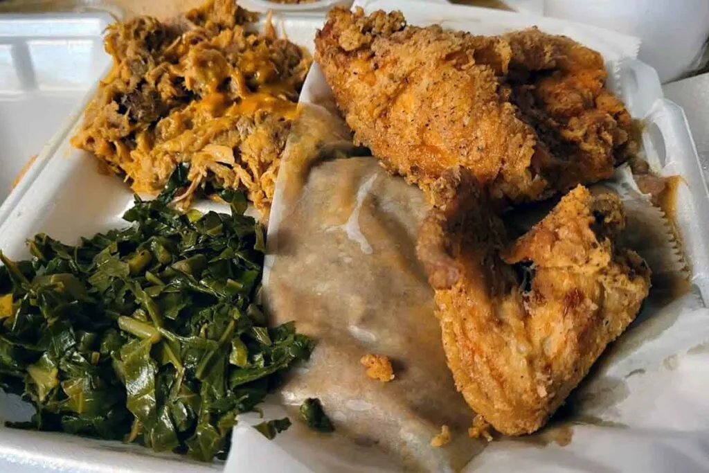 Fried chicken with BBQ and collards from Big Ts.