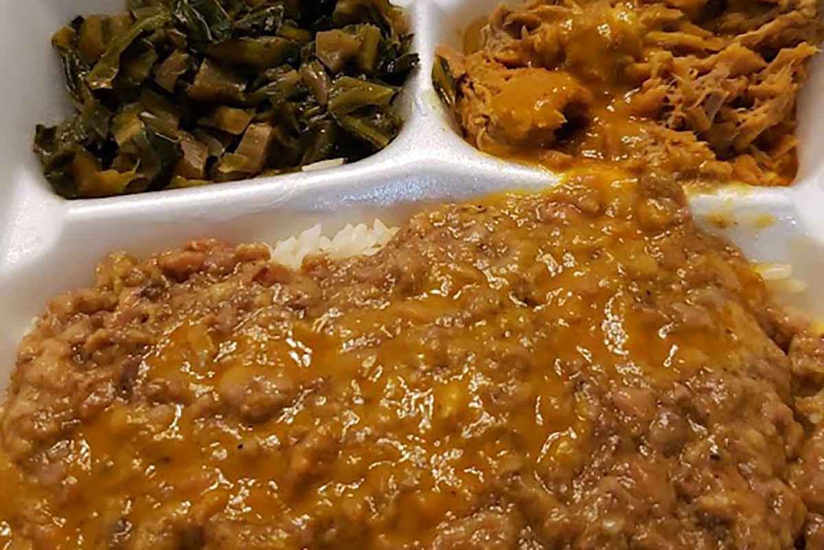 Plate of hash with BBQ and green beans from Big Ts.