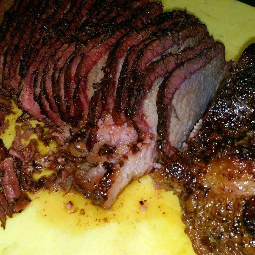 Brisket, sliced-with smoke ring.