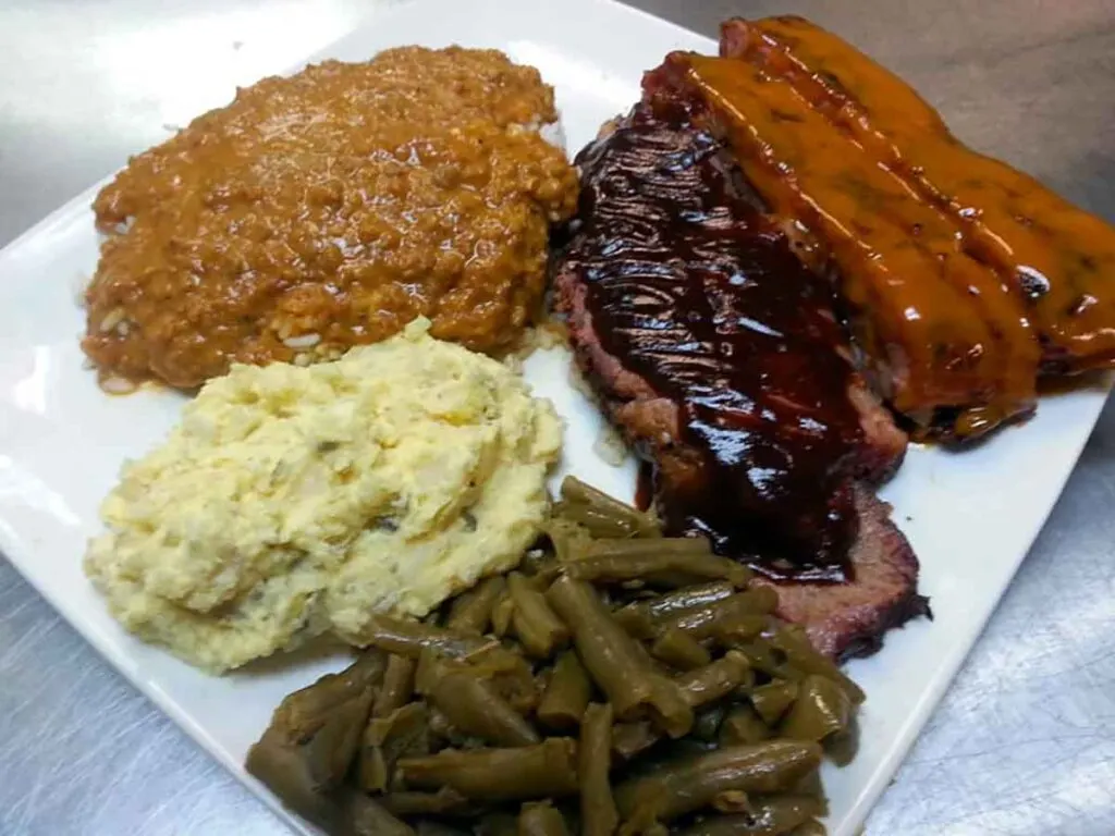 Ribs, brisket, hash and sides.