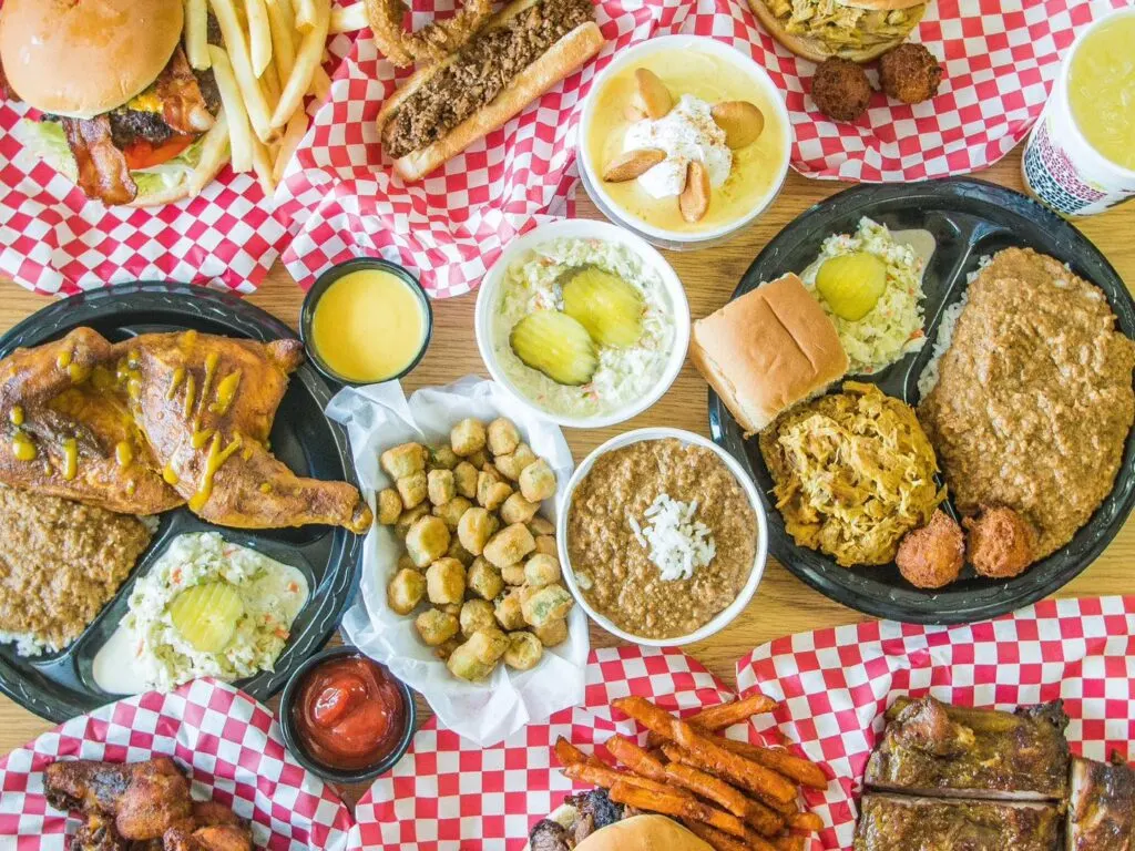 All meats and sides on table from Maurice's.