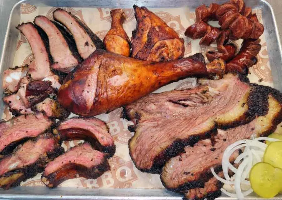 Tray of meat options at Big Bull's Bang'n BBQ.