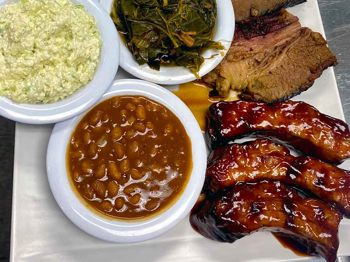 Ribs and brisket with sides.