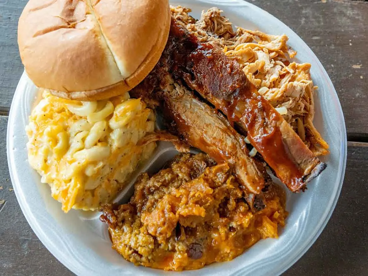 BBQ plate with ribs and two sides.