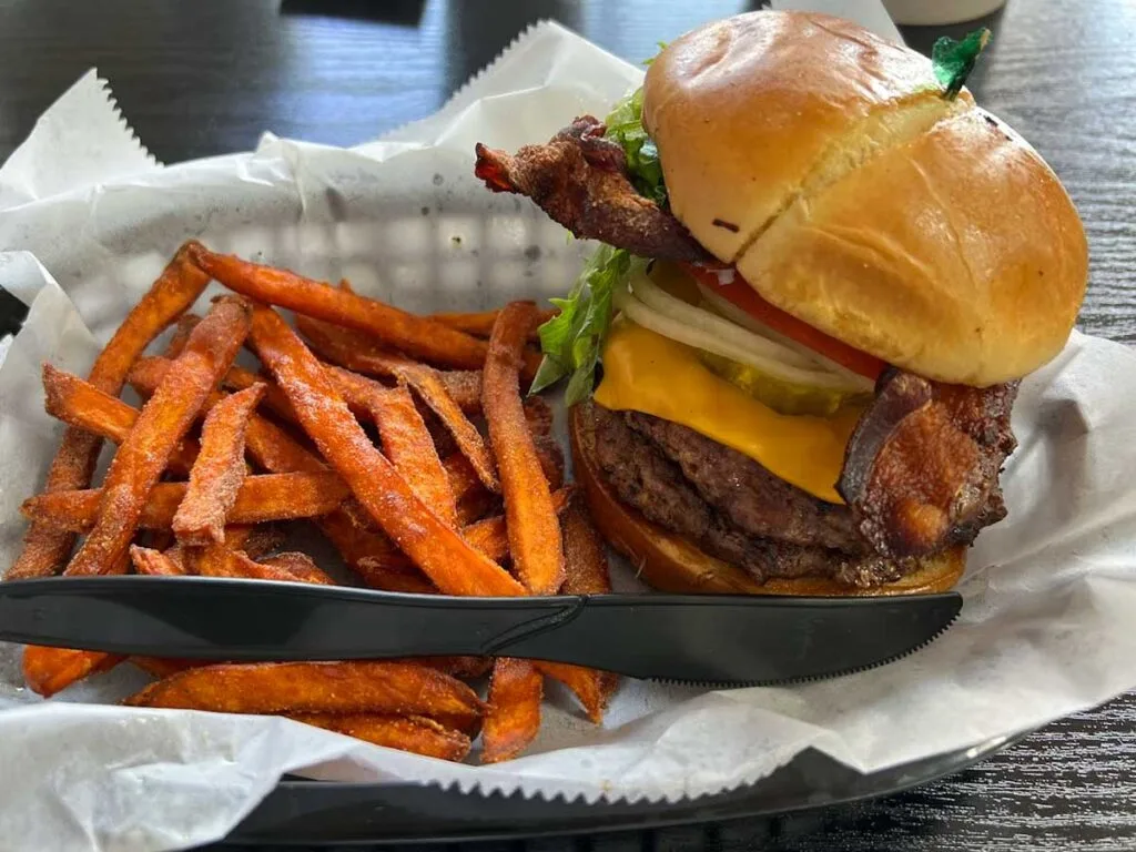 Burger with sweet potato fries.