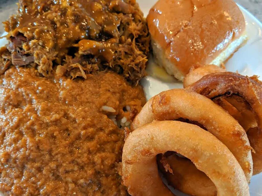 BBQ, hash, onion rings, roll.