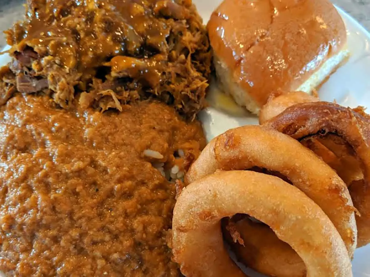 BBQ, hash, onion rings, roll.
