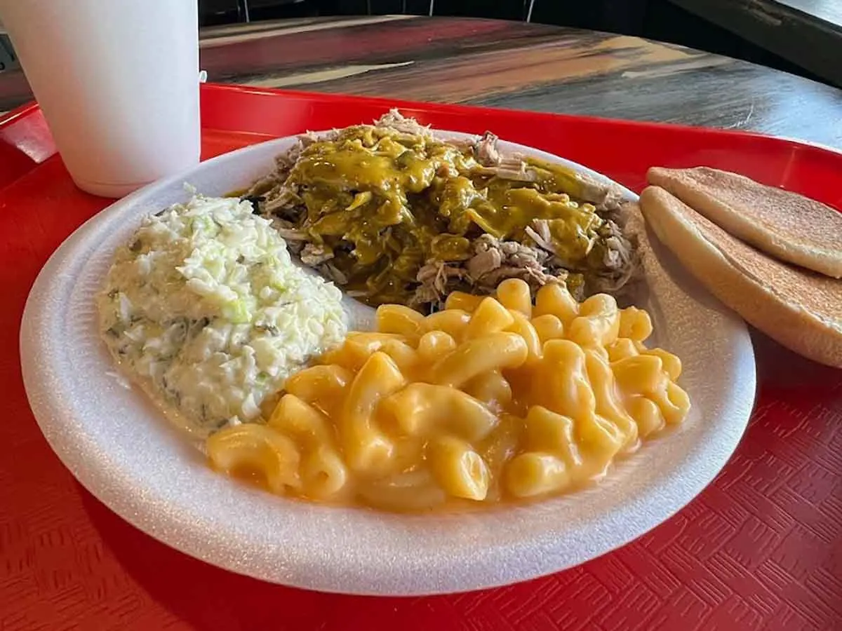 Pulled pork with Mac and cheese and slaw.