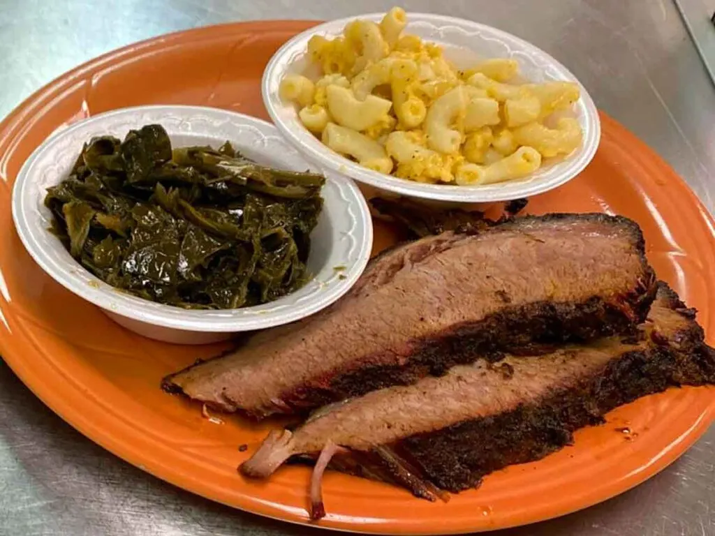 Slices of brisket with sides from Steelhorse Smokehouse.