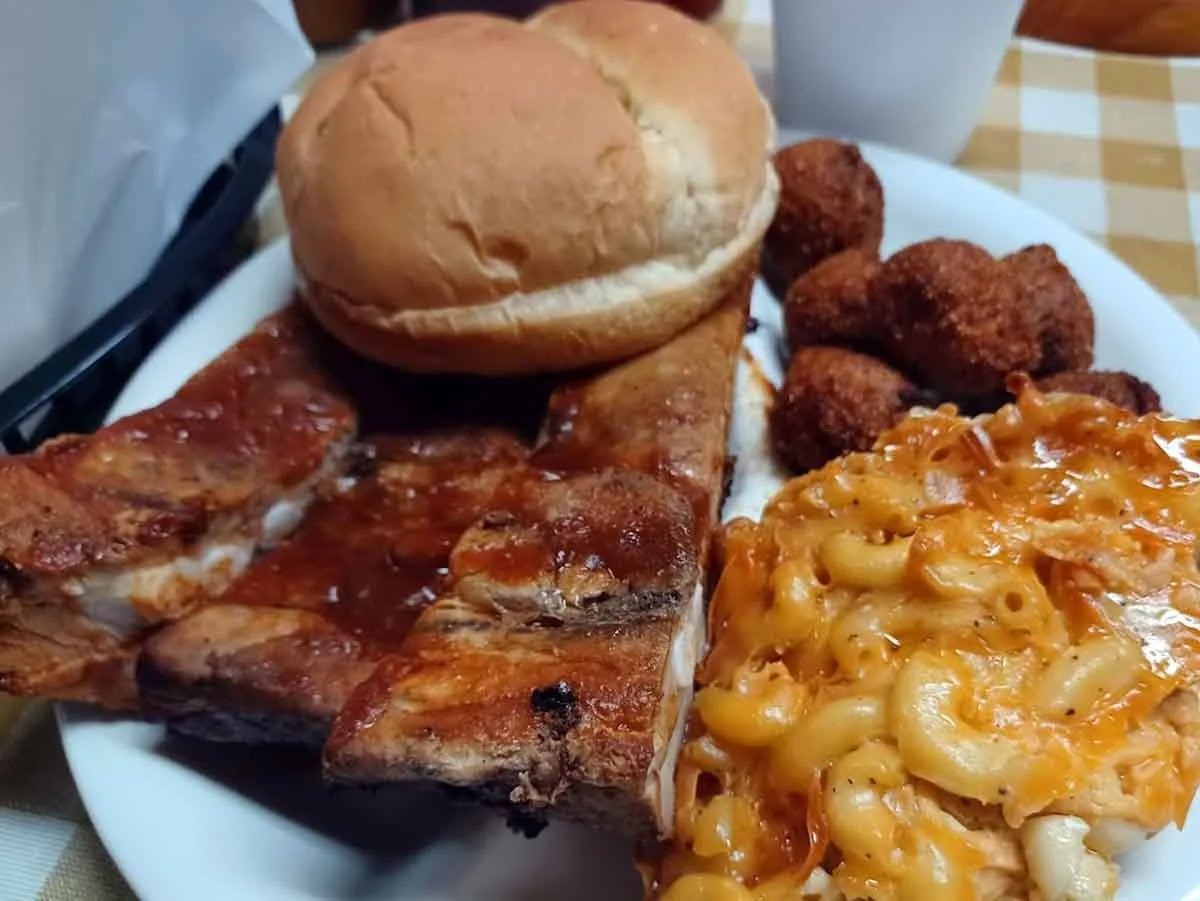 Ribs with Mac and cheese and hush puppies.