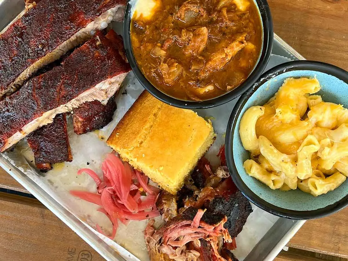 Ribs, pulled pork with cornbread and Brunswick stew.