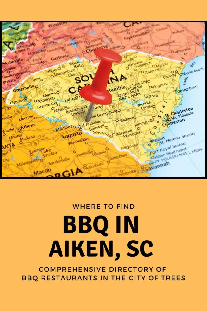 Red pin stabbed in heart of SC over the words BBQ in Aiken, SC.