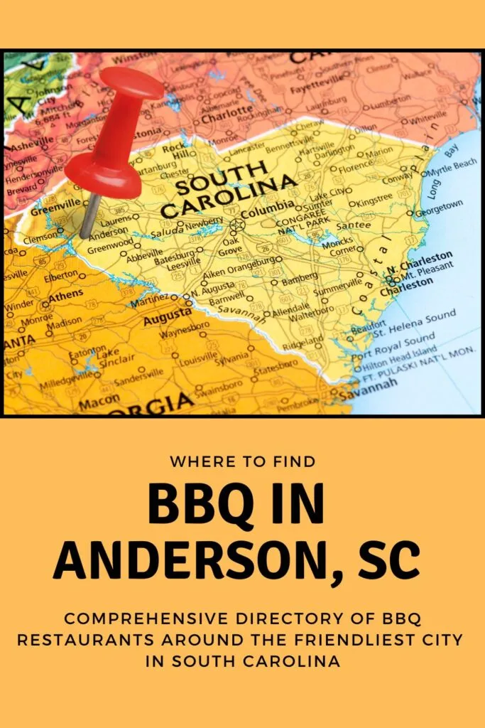 Red pin stabbed in heart of SC over the words BBQ in Anderson, SC.