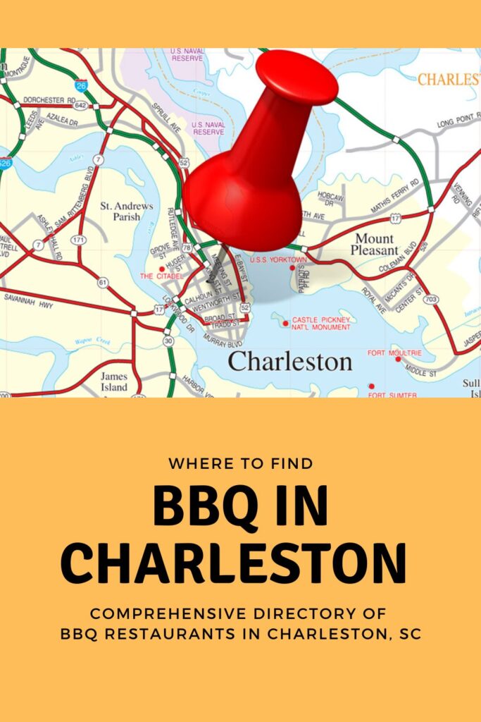 Red pin stabbed in heart of Charleston over the words BBQ In Charleston.