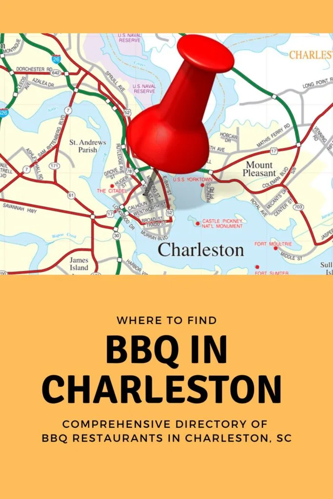 Red pin stabbed in heart of Charleston over the words BBQ In Charleston.