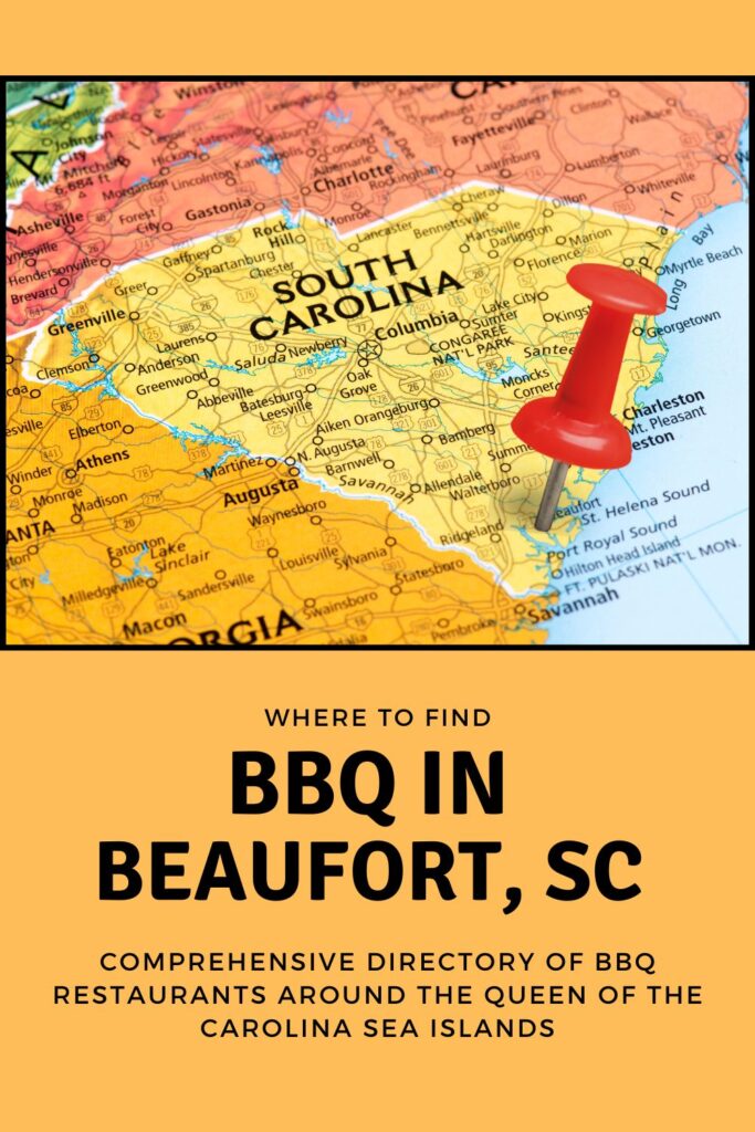 Red pin stabbed in heart of SC over the words BBQ in Beaufort, SC.