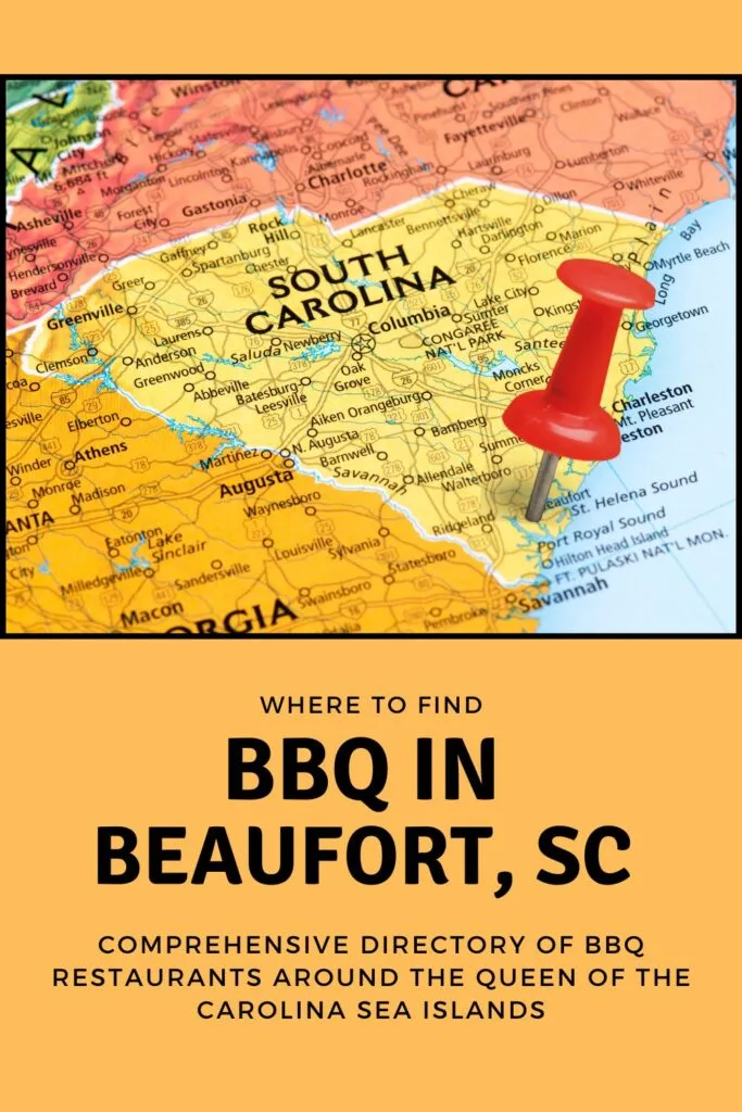 Red pin stabbed in heart of SC over the words BBQ in Beaufort, SC.