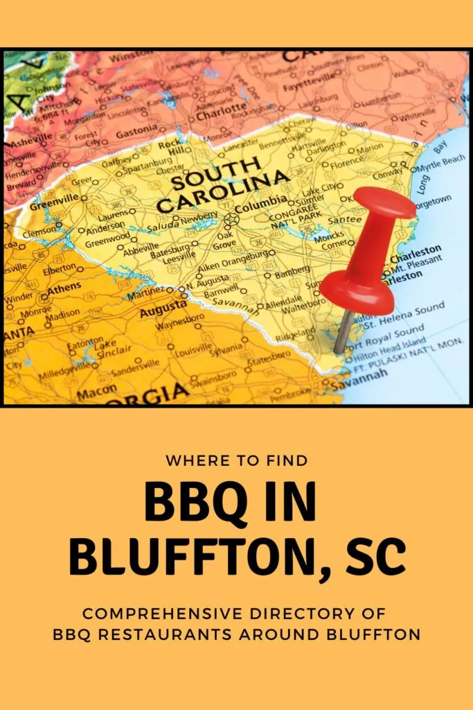 Red pin stabbed in heart of SC over the words BBQ in Bluffton, SC.