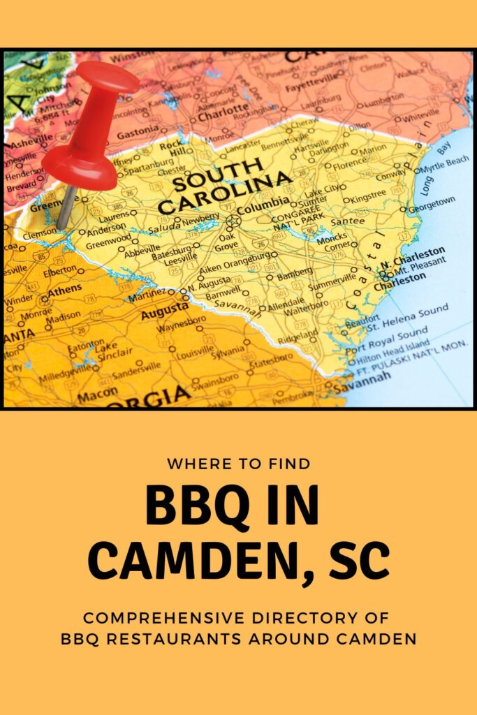 Red pin stabbed in heart of SC over the words BBQ in Camden, SC.