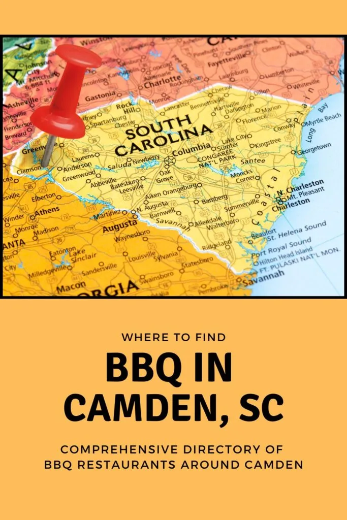 Red pin stabbed in heart of SC over the words BBQ in Camden, SC.