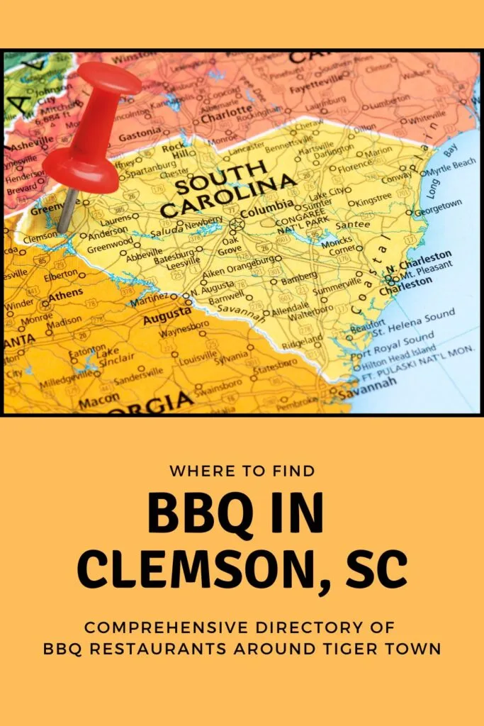 Red pin stabbed in heart of SC over the words BBQ in Clemson, SC.