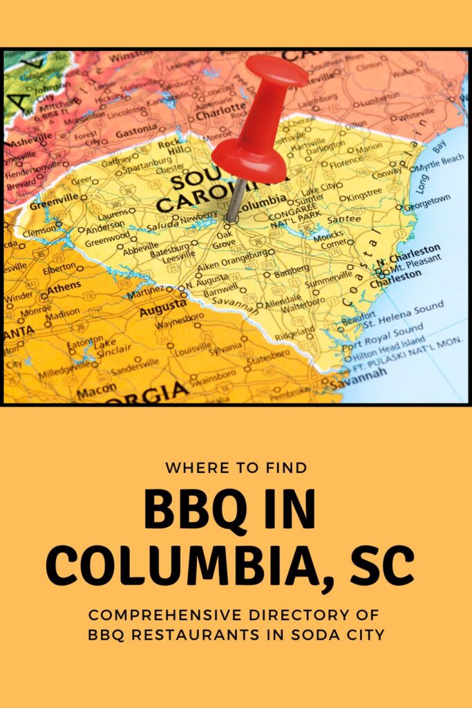 Red pin stabbed in heart of SC over the words BBQ in Columbia, SC.