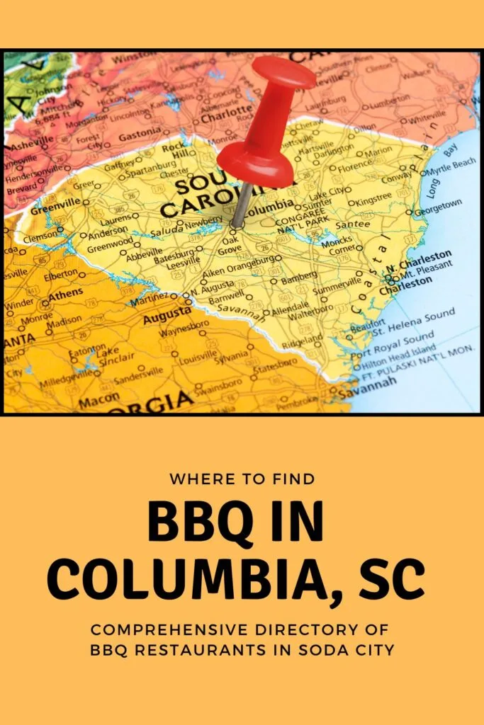 Red pin stabbed in heart of SC over the words BBQ in Columbia, SC.