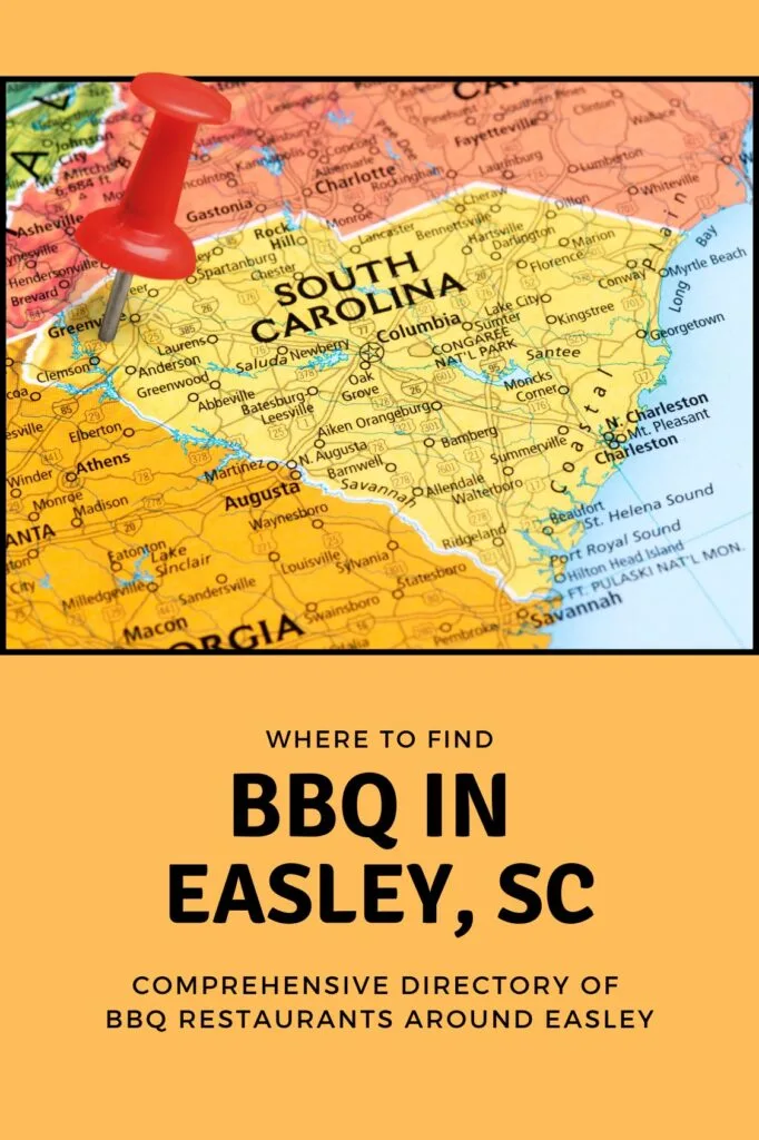 Red pin stabbed in heart of SC over the words BBQ in Easley, SC.