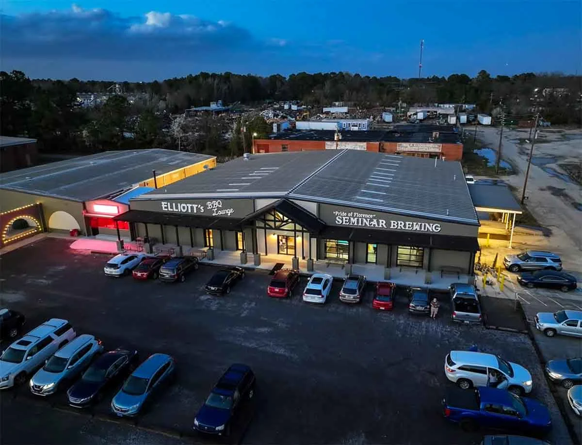 Aerial view of Elliott's BBQ and Seminar Brewing in Florence.