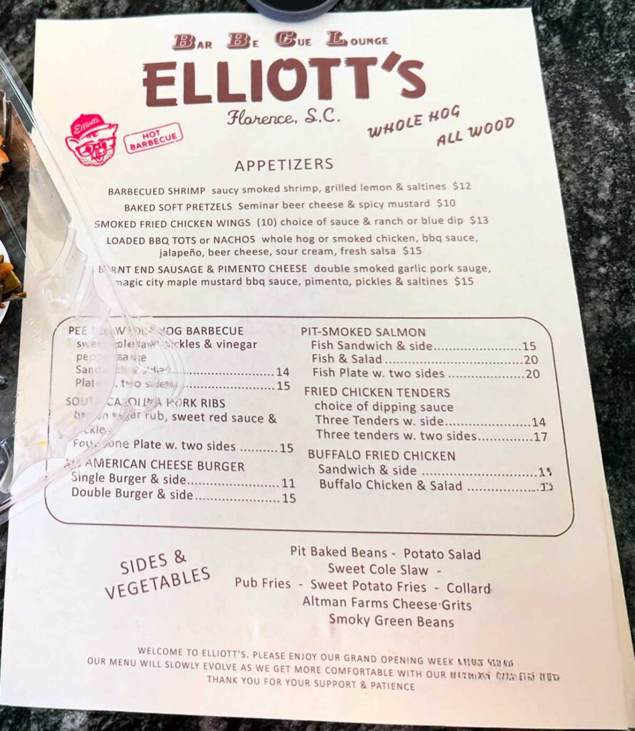 Menu for Elliott's BBQ Lounge in Florence, SC.