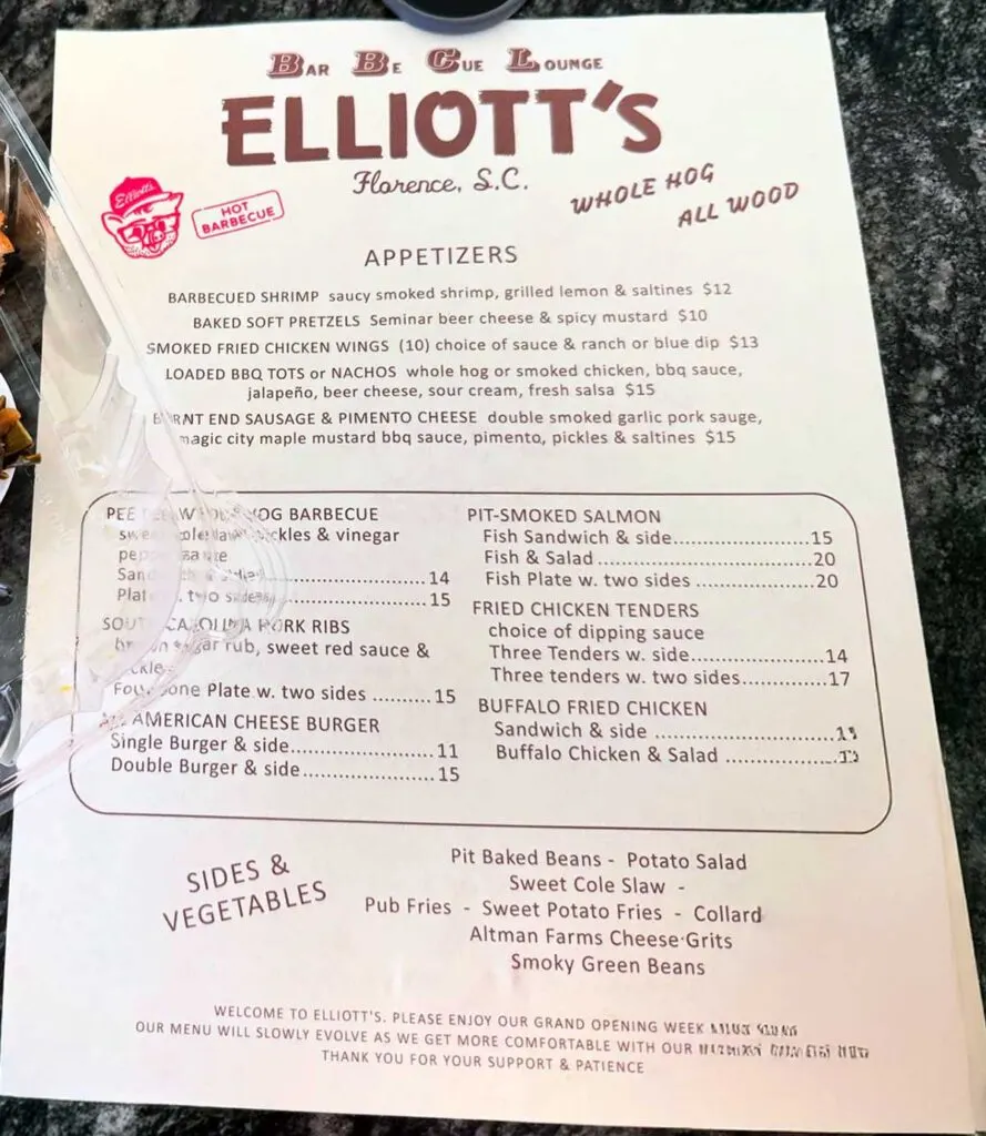 Menu for Elliott's BBQ Lounge in Florence, SC.