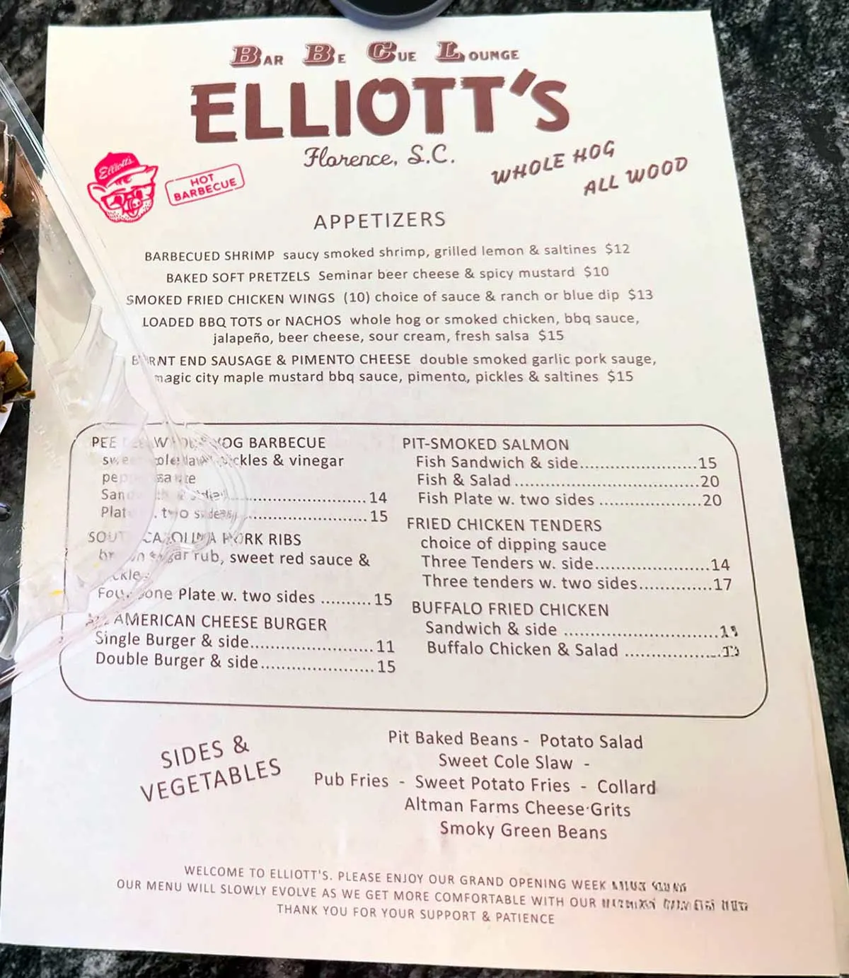 Menu for Elliott's BBQ Lounge in Florence, SC.