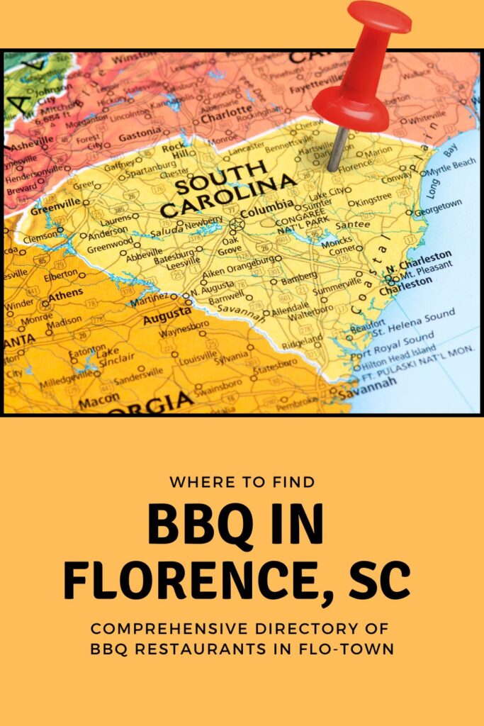 Red pin stabbed in heart of SC over the words BBQ in Florence, SC.