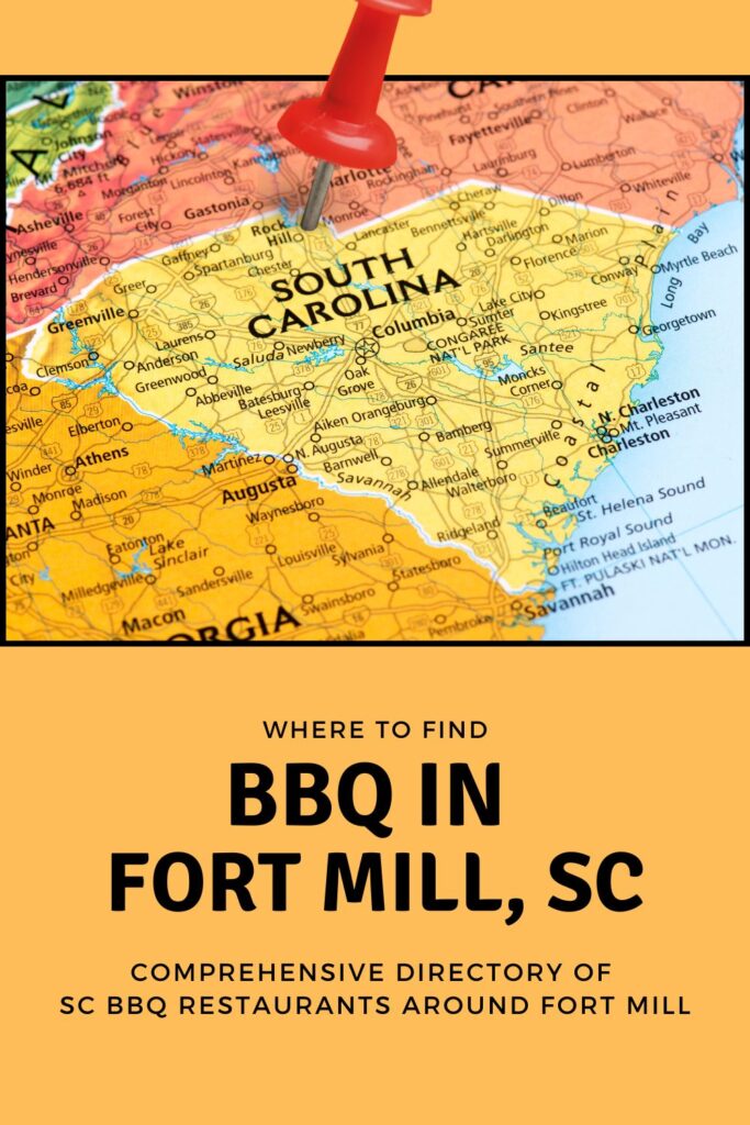 Red pin stabbed in heart of SC over the words BBQ in Fort Mill, SC.