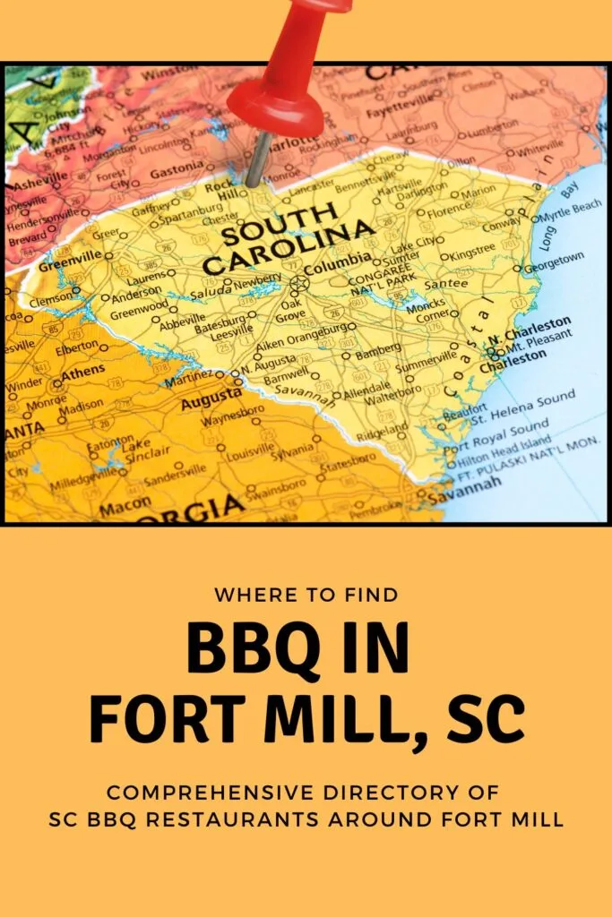 Red pin stabbed in heart of SC over the words BBQ in Fort Mill, SC.