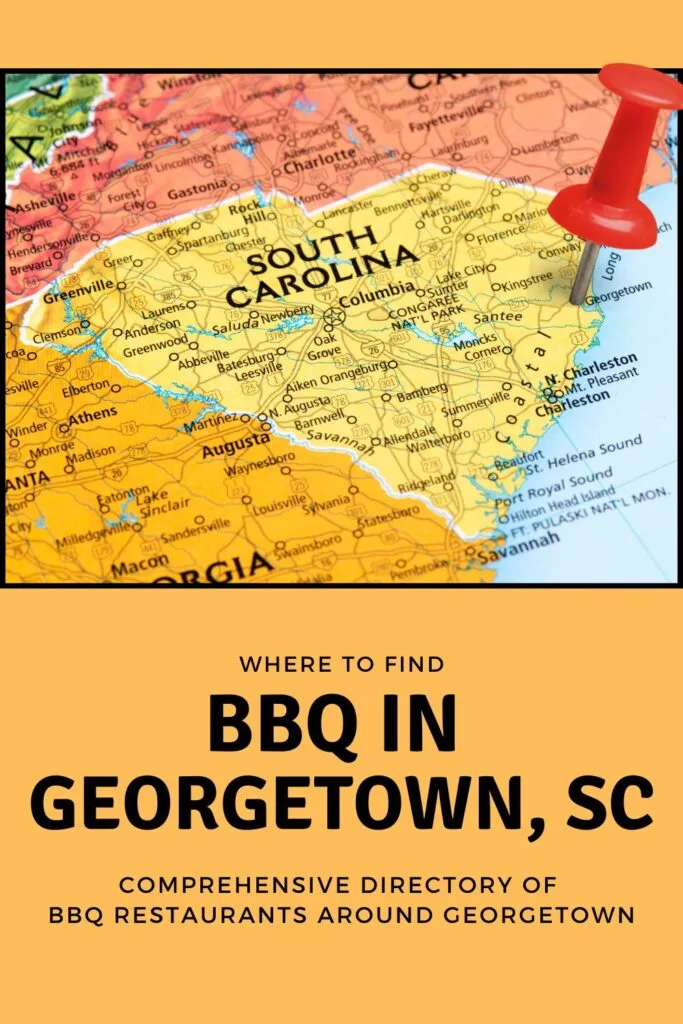Red pin stabbed in heart of SC over the words BBQ in Georgetown, SC.