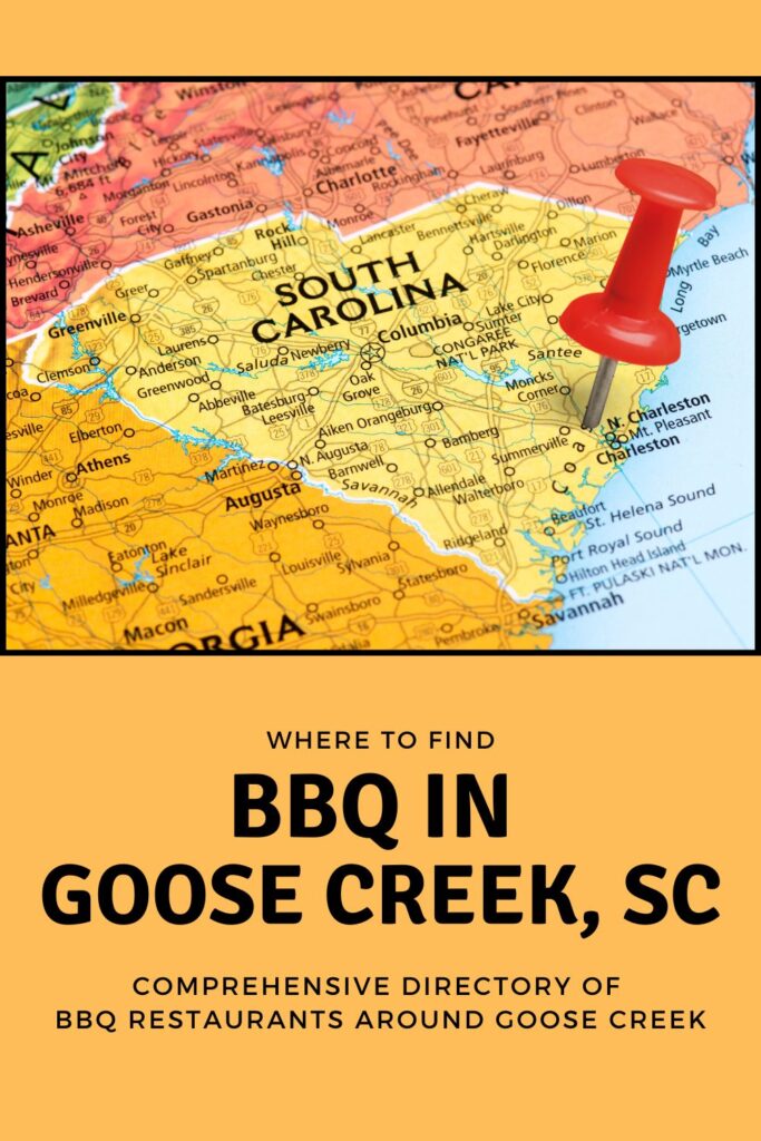 Red pin stabbed in heart of SC over the words BBQ in Goose Creek, SC.