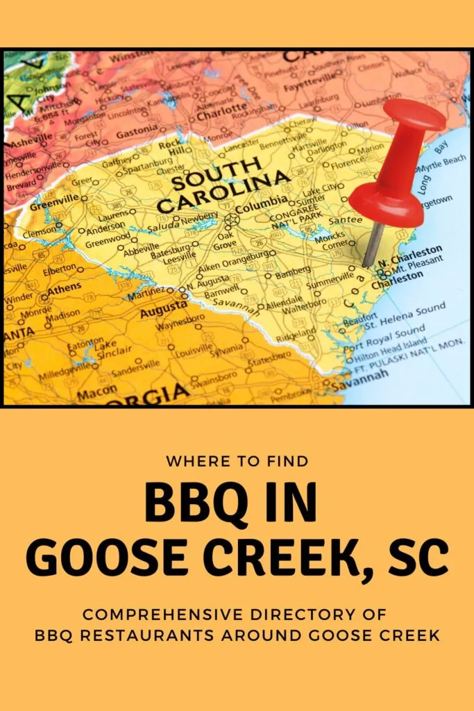 Red pin stabbed in heart of SC over the words BBQ in Goose Creek, SC.