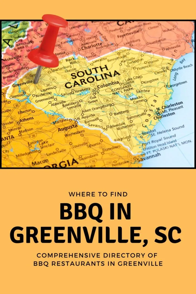 Red pin stabbed in heart of SC over the words BBQ in Greenville, SC.
